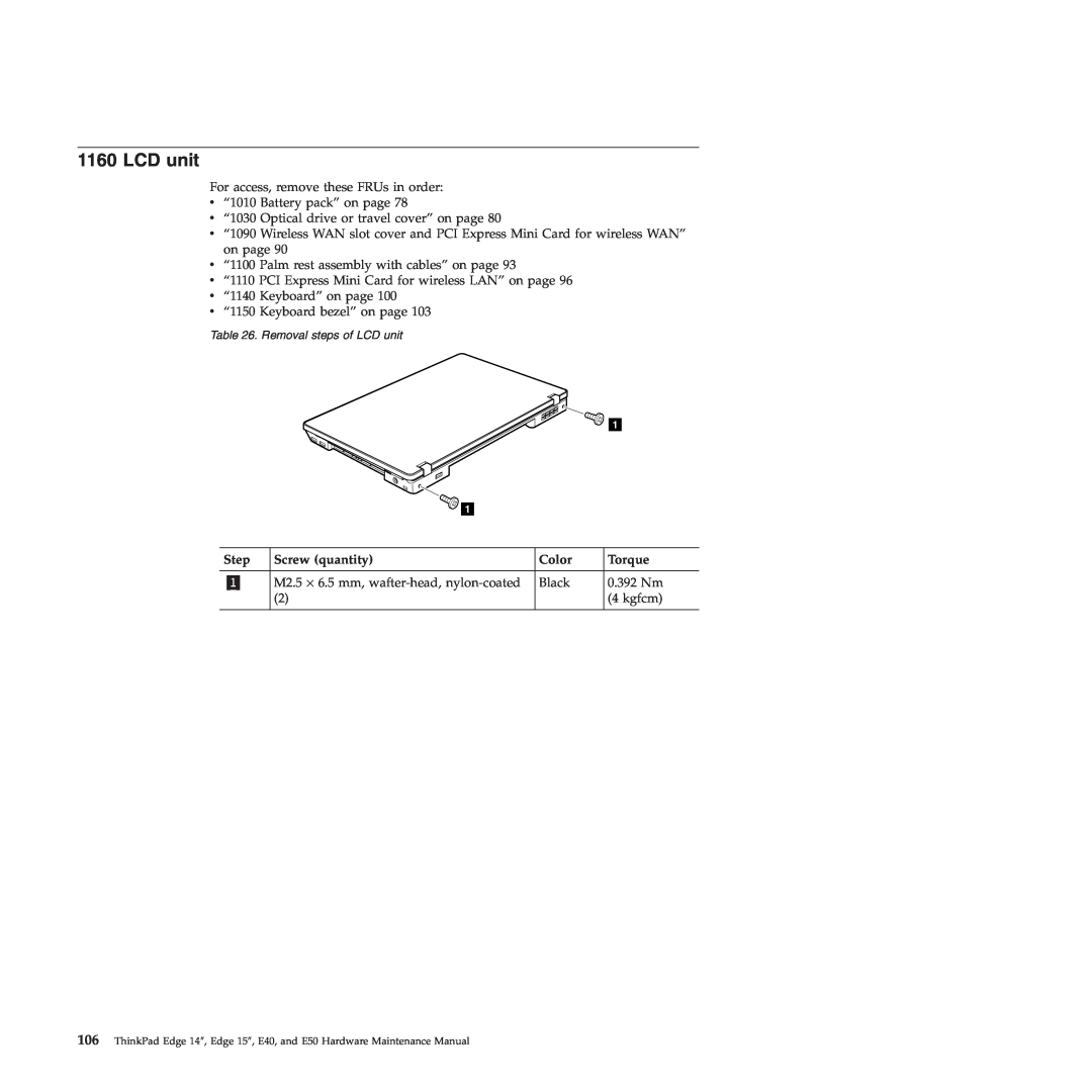 Lenovo E50, E40 manual LCD unit, Step, Screw quantity, Color, Torque 