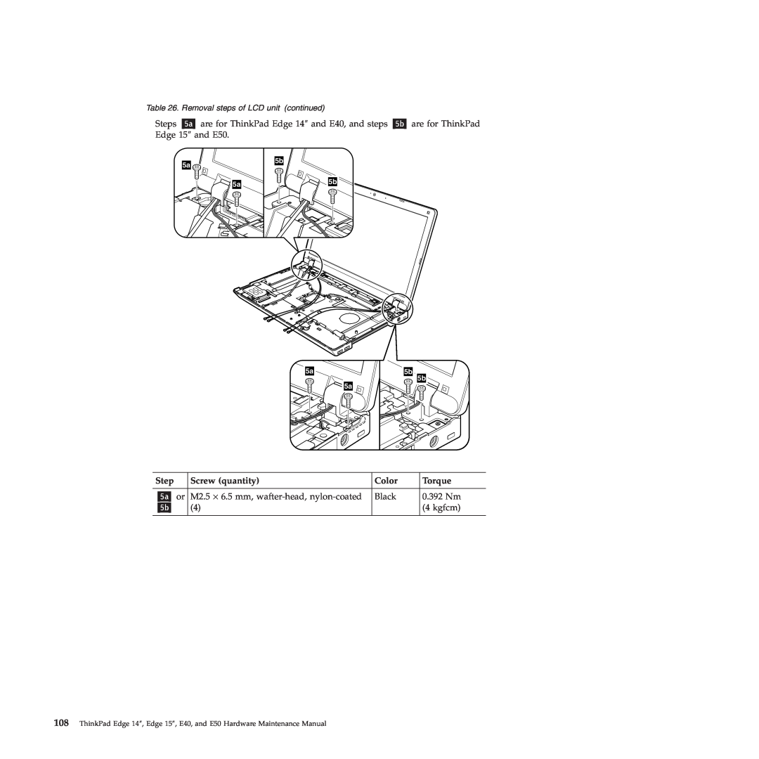 Lenovo E50, E40 manual Step, Screw quantity, Color, Torque, Removal steps of LCD unit continued, 5a 5a, 5b 5b 