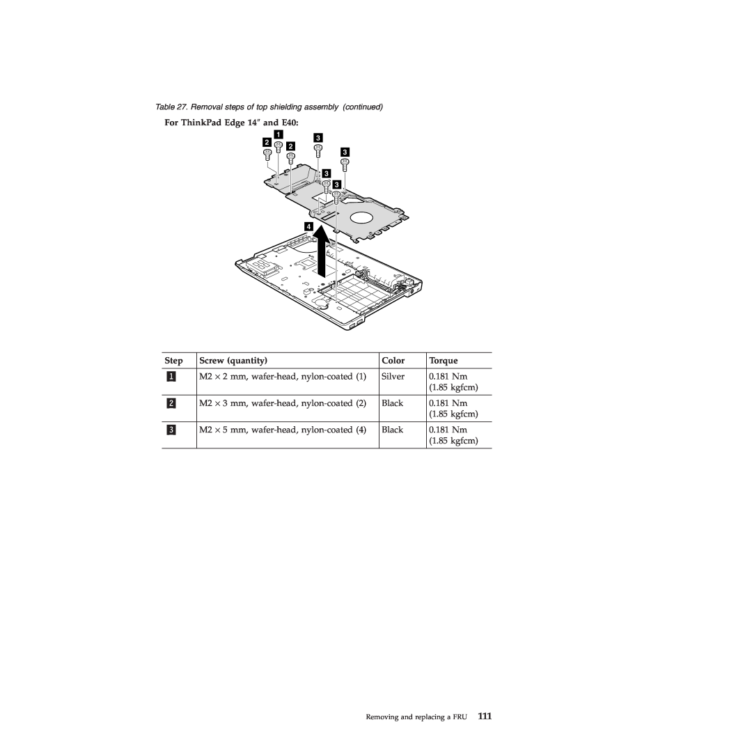 Lenovo E50 manual For ThinkPad Edge 14″ and E40, Step, Screw quantity, Color, Torque 