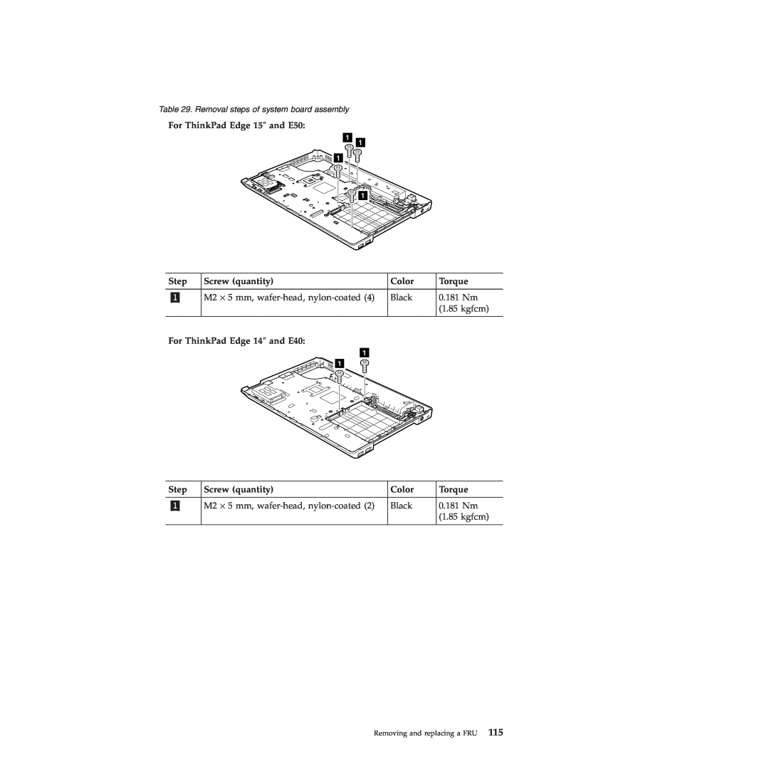 Lenovo manual For ThinkPad Edge 15″ and E50, Step, Screw quantity, Color, Torque, For ThinkPad Edge 14″ and E40 