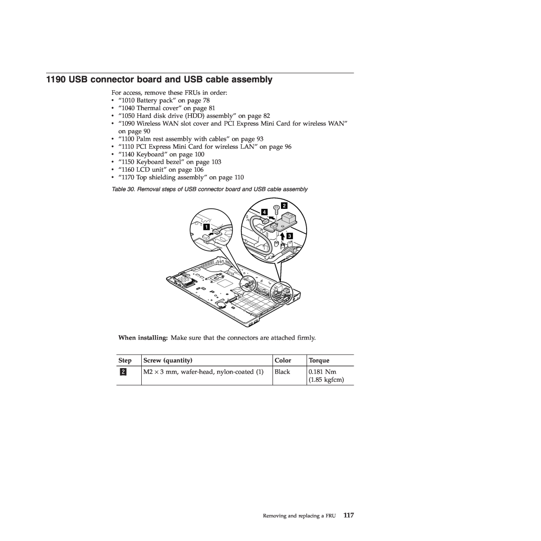 Lenovo E40, E50 manual USB connector board and USB cable assembly, Step, Screw quantity, Color, Torque 