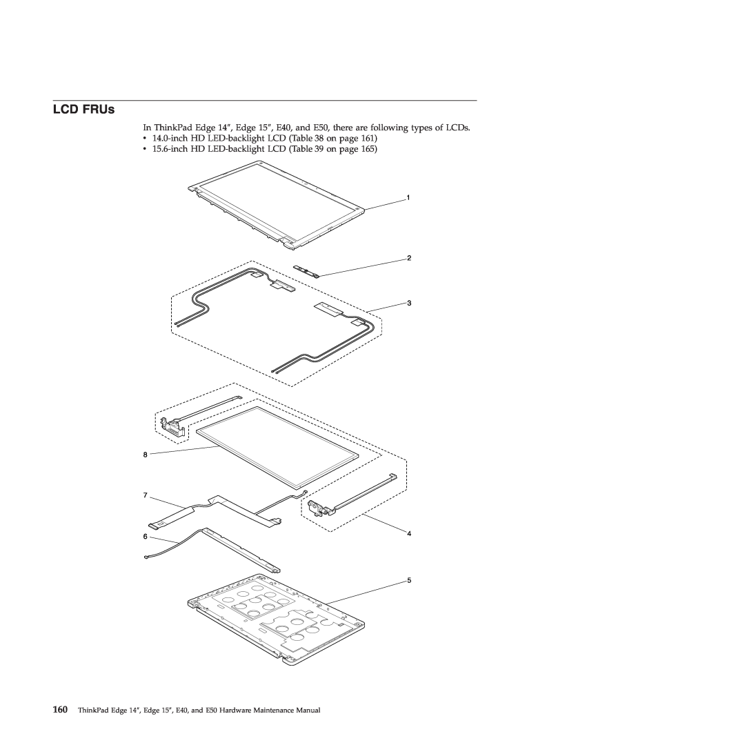 Lenovo E50, E40 manual LCD FRUs, v 14.0-inch HD LED-backlight LCD on page, v 15.6-inch HD LED-backlight LCD on page 