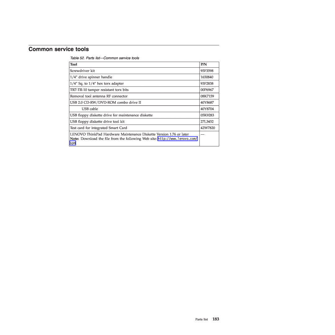 Lenovo E40, E50 manual Parts list-Common service tools 