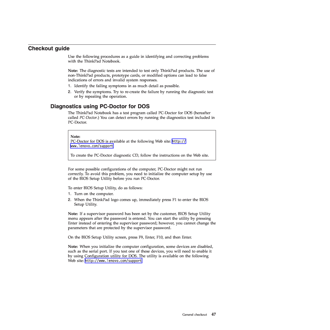 Lenovo E40, E50 manual Checkout guide, Diagnostics using PC-Doctor for DOS 