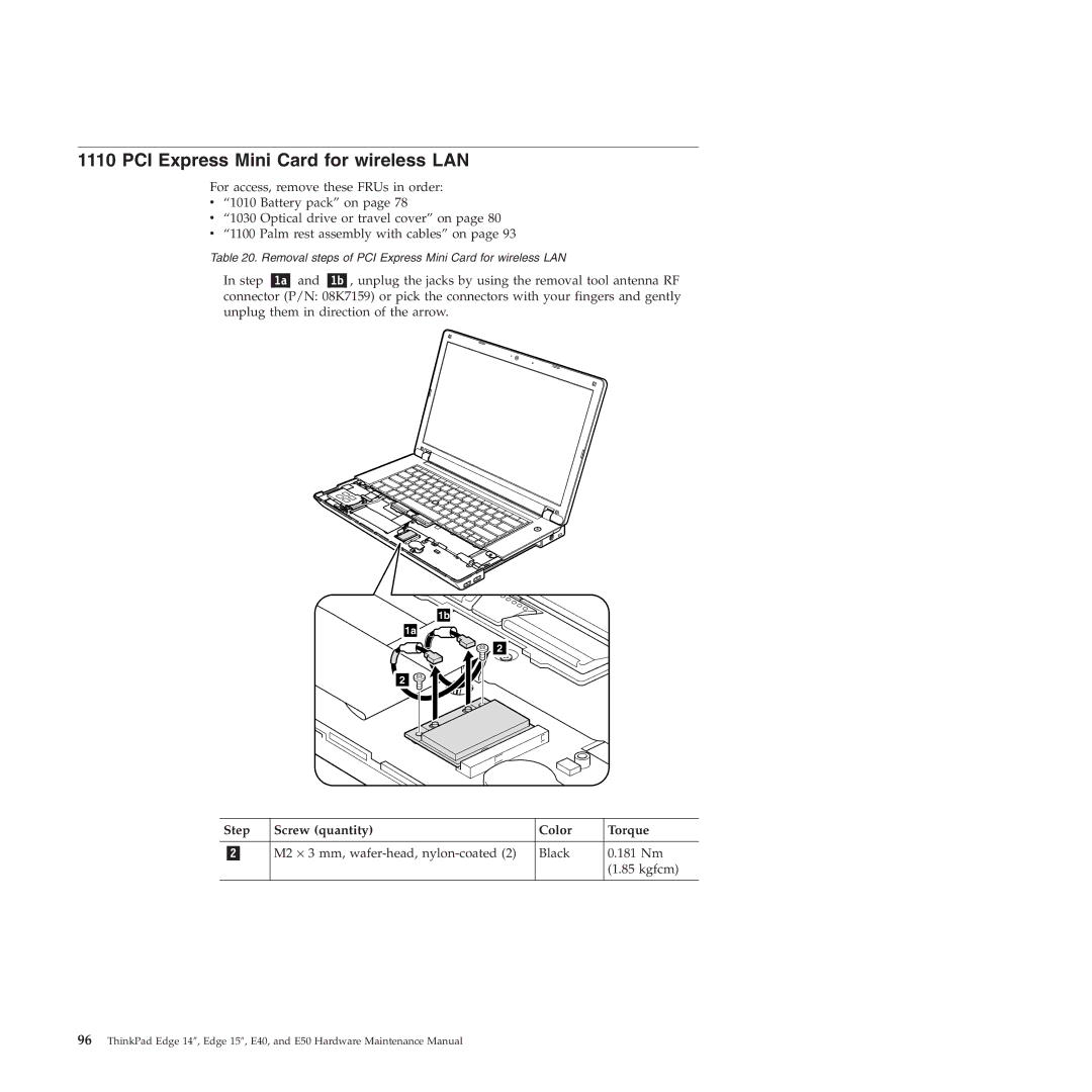 Lenovo E50, E40 manual PCI Express Mini Card for wireless LAN, Step Screw quantity Color Torque 
