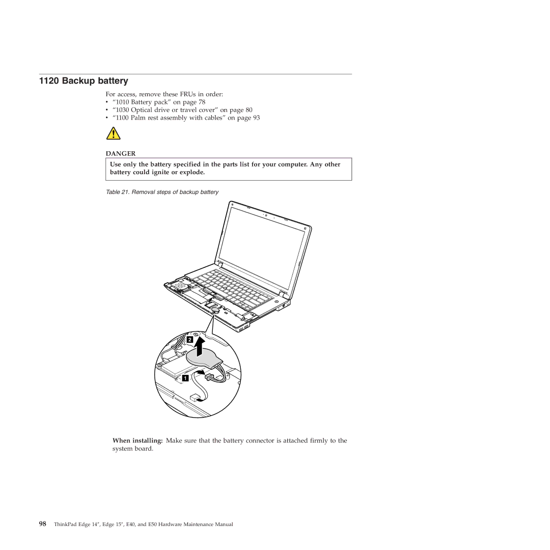 Lenovo E50, E40 manual Backup battery 