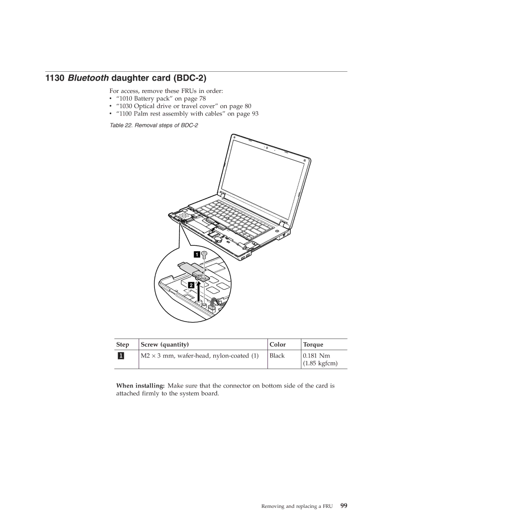 Lenovo E40, E50 manual Bluetooth daughter card BDC-2, Step Screw quantity Color Torque 