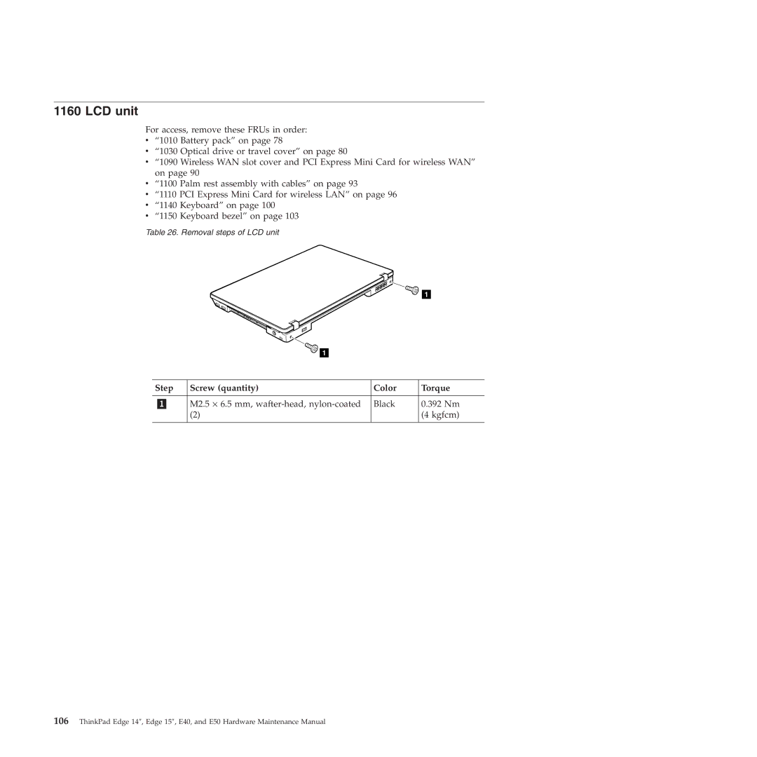 Lenovo E50, E40 manual LCD unit, M2.5 ⋅ 6.5 mm, wafter-head, nylon-coated Black 392 Nm Kgfcm 