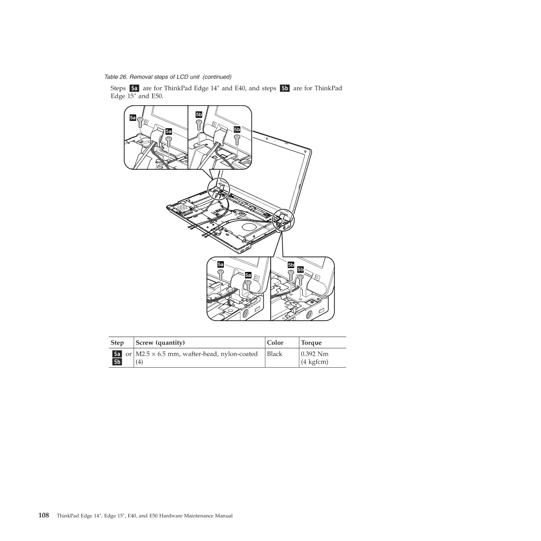 Lenovo E50, E40 manual Step Screw quantity Color Torque 