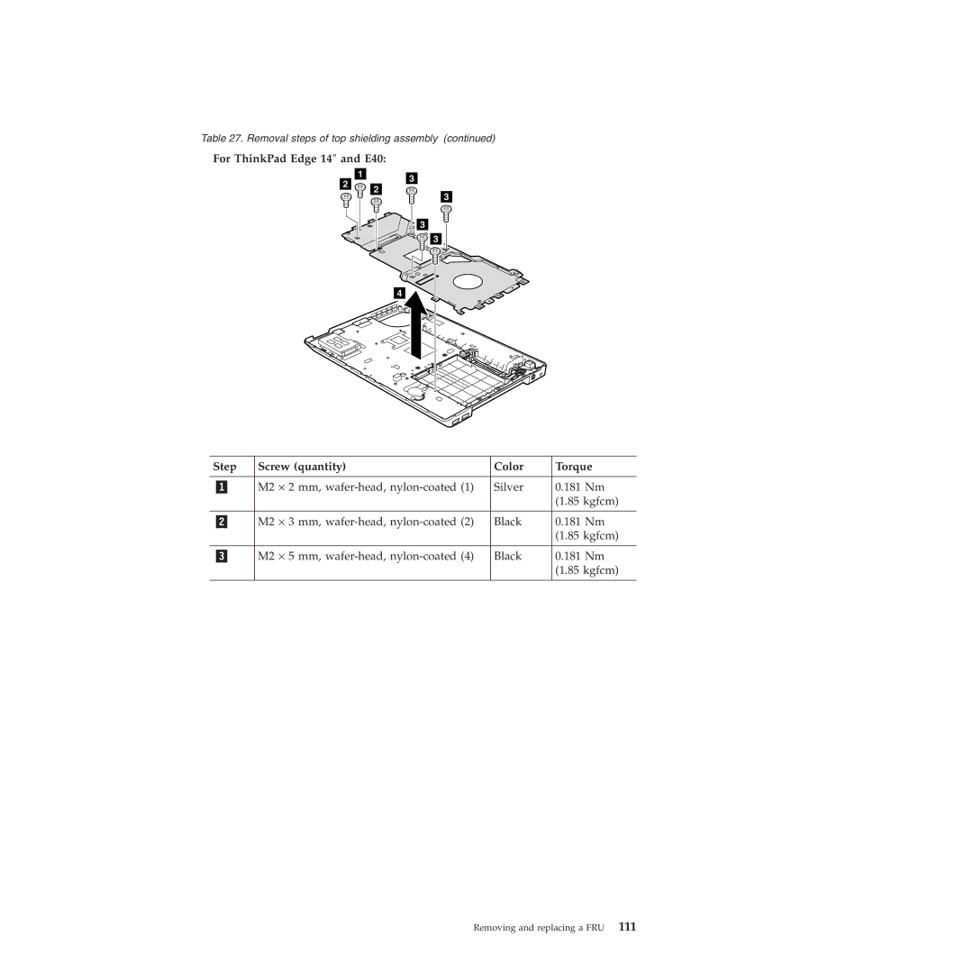 Lenovo E40, E50 manual Removal steps of top shielding assembly 