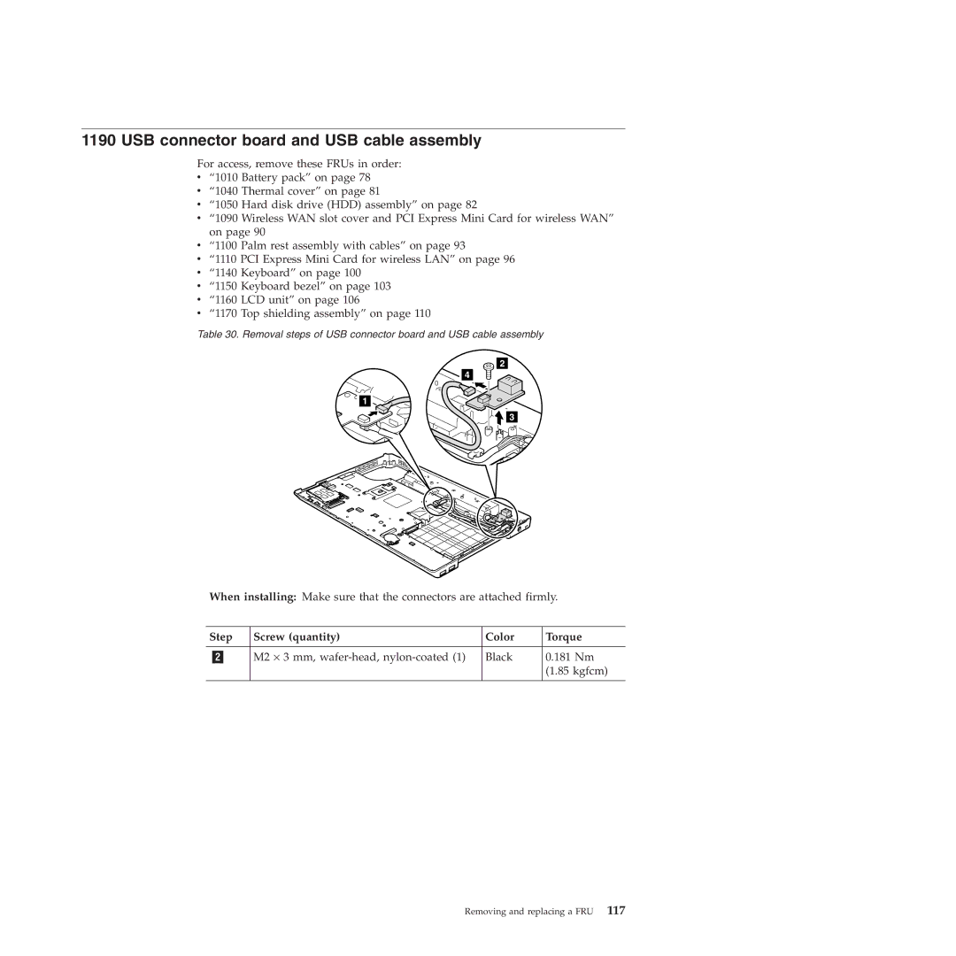 Lenovo E40, E50 manual USB connector board and USB cable assembly, Step Screw quantity Color Torque 