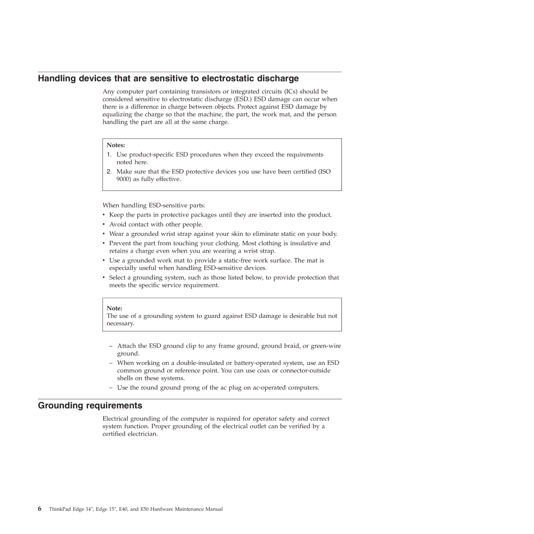 Lenovo E50, E40 manual Grounding requirements 