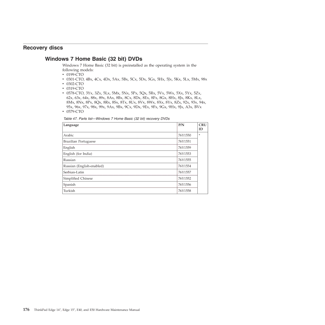 Lenovo E50, E40 manual Recovery discs Windows 7 Home Basic 32 bit DVDs 