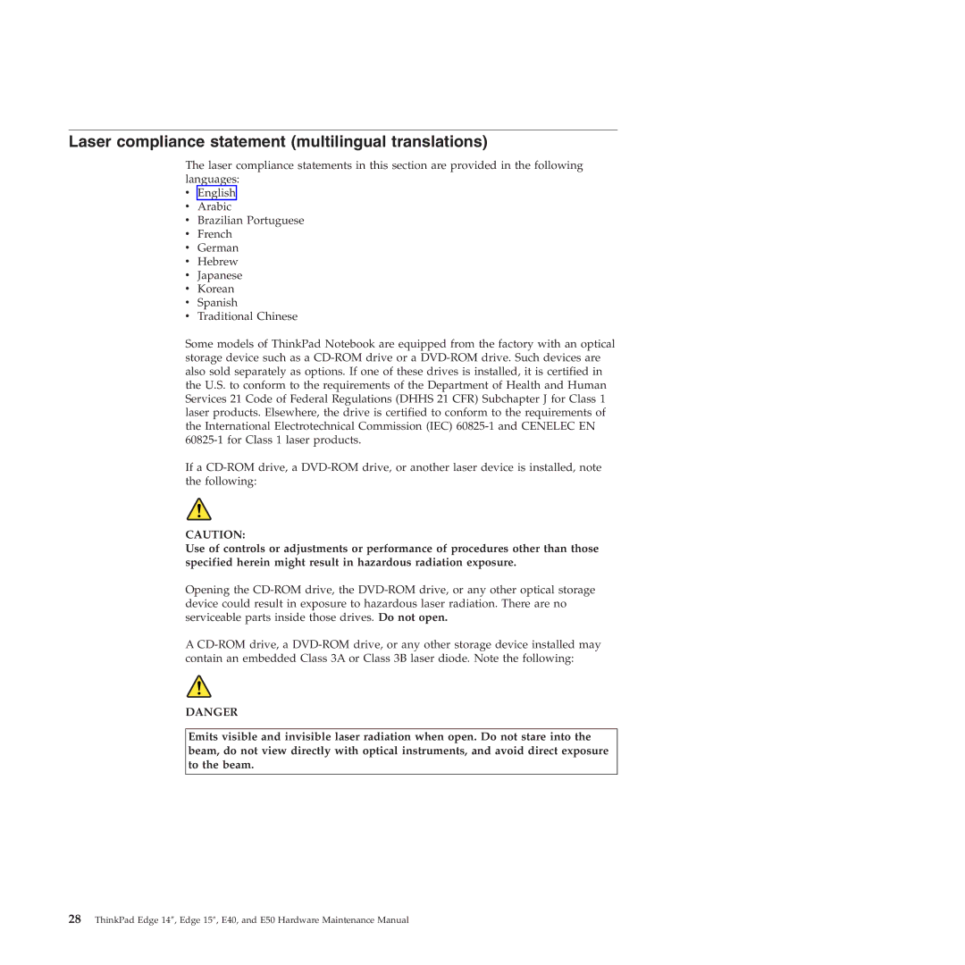 Lenovo E50, E40 manual Laser compliance statement multilingual translations 