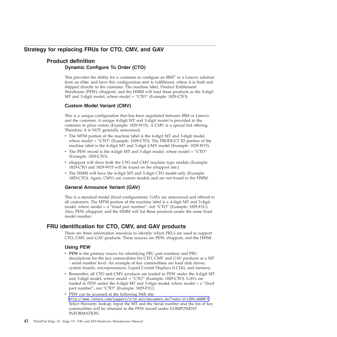 Lenovo E50, E40 manual FRU identification for CTO, CMV, and GAV products, Dynamic Configure To Order CTO 