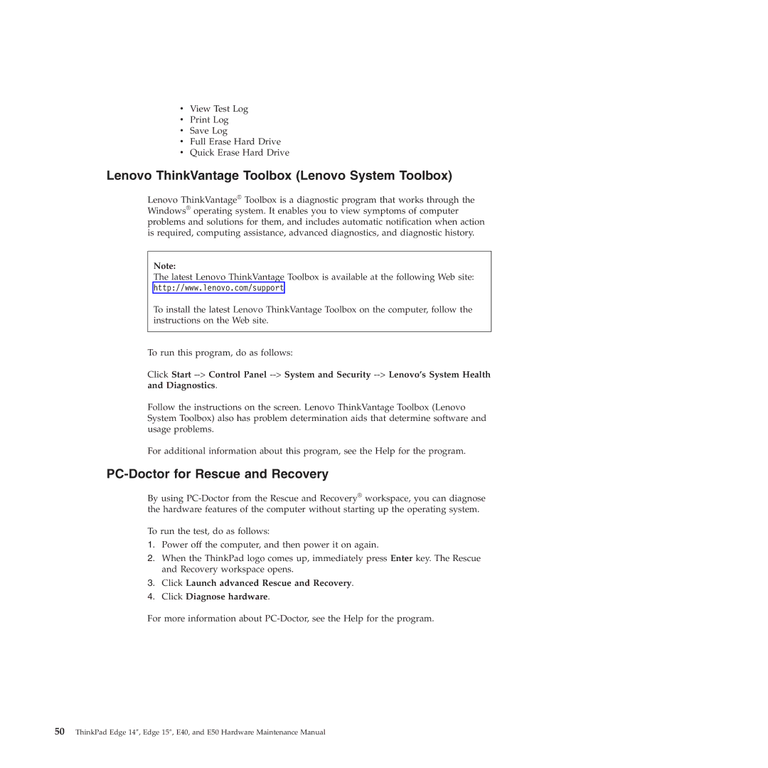 Lenovo E50, E40 manual Lenovo ThinkVantage Toolbox Lenovo System Toolbox, PC-Doctor for Rescue and Recovery 