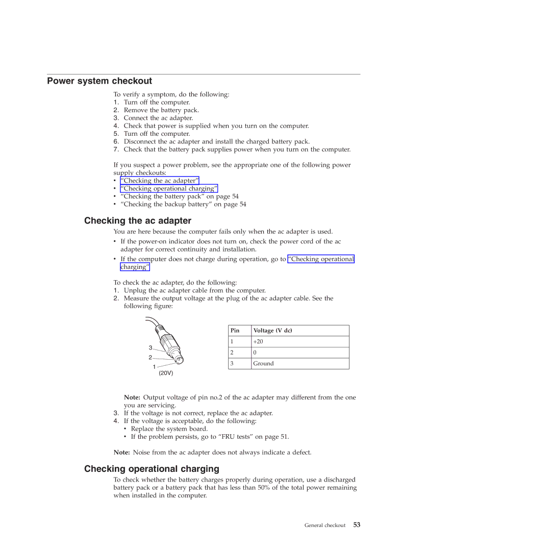 Lenovo E40, E50 manual Power system checkout, Checking the ac adapter, Checking operational charging 