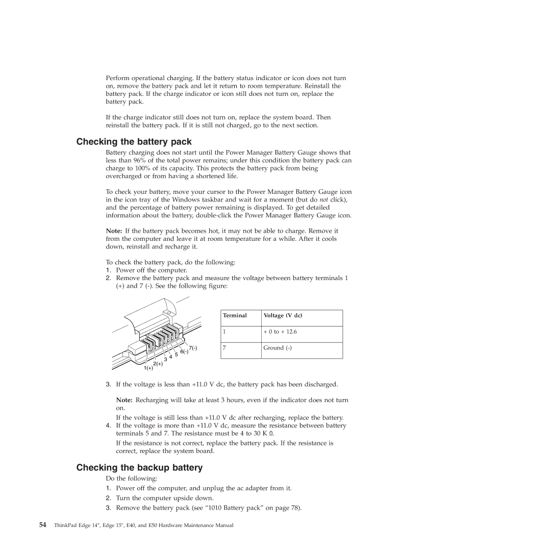 Lenovo E50, E40 manual Checking the battery pack, Checking the backup battery 