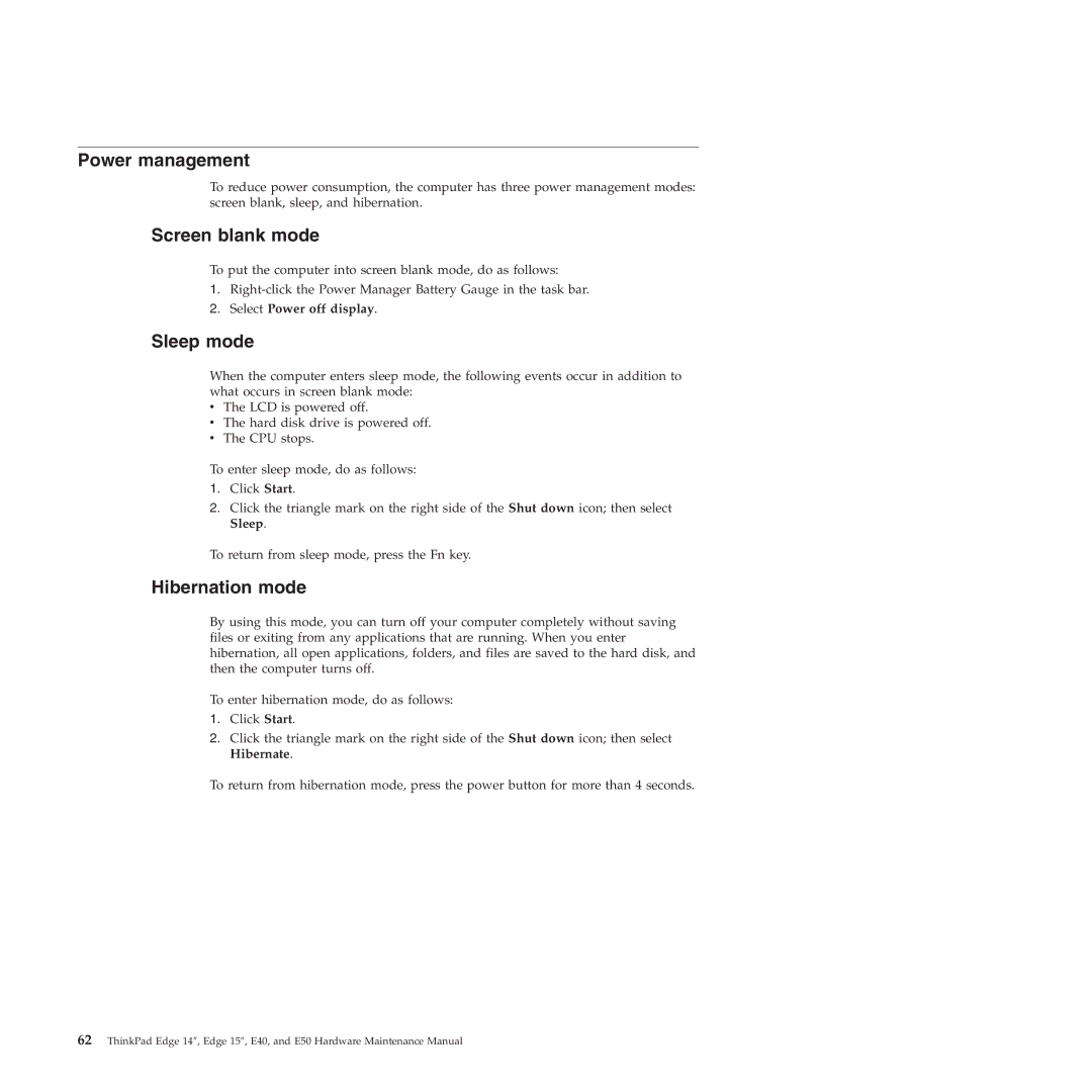 Lenovo E50, E40 manual Power management, Screen blank mode, Sleep mode, Hibernation mode, Select Power off display 
