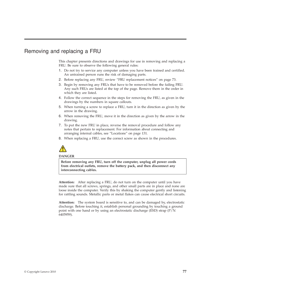 Lenovo E40, E50 manual Removing and replacing a FRU 