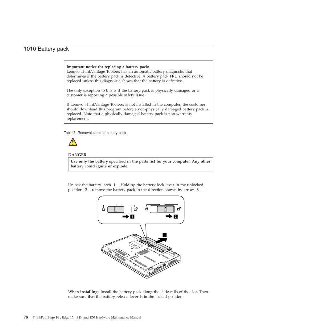 Lenovo E50, E40 manual Battery pack, Important notice for replacing a battery pack 