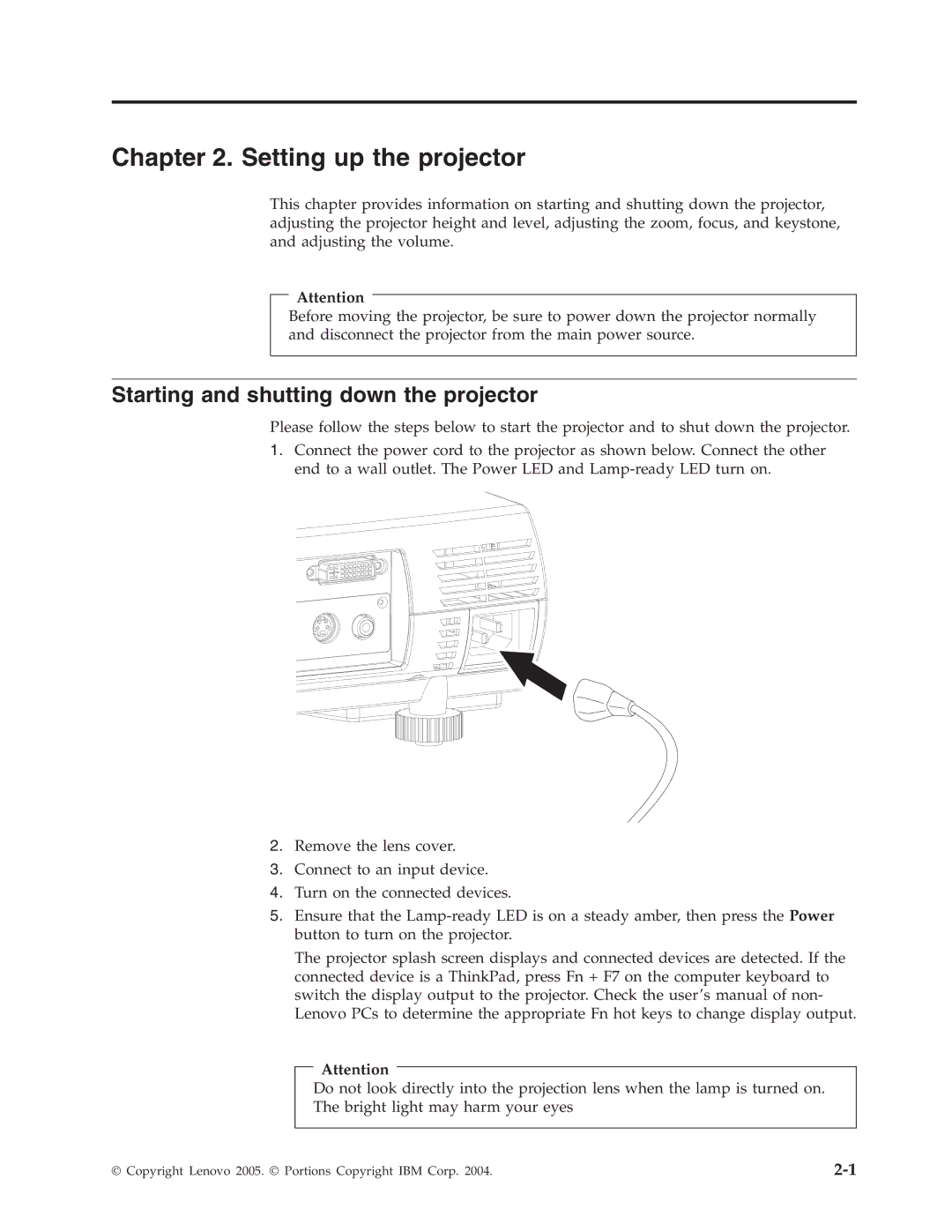 Lenovo E500 manual Setting up the projector, Starting and shutting down the projector 