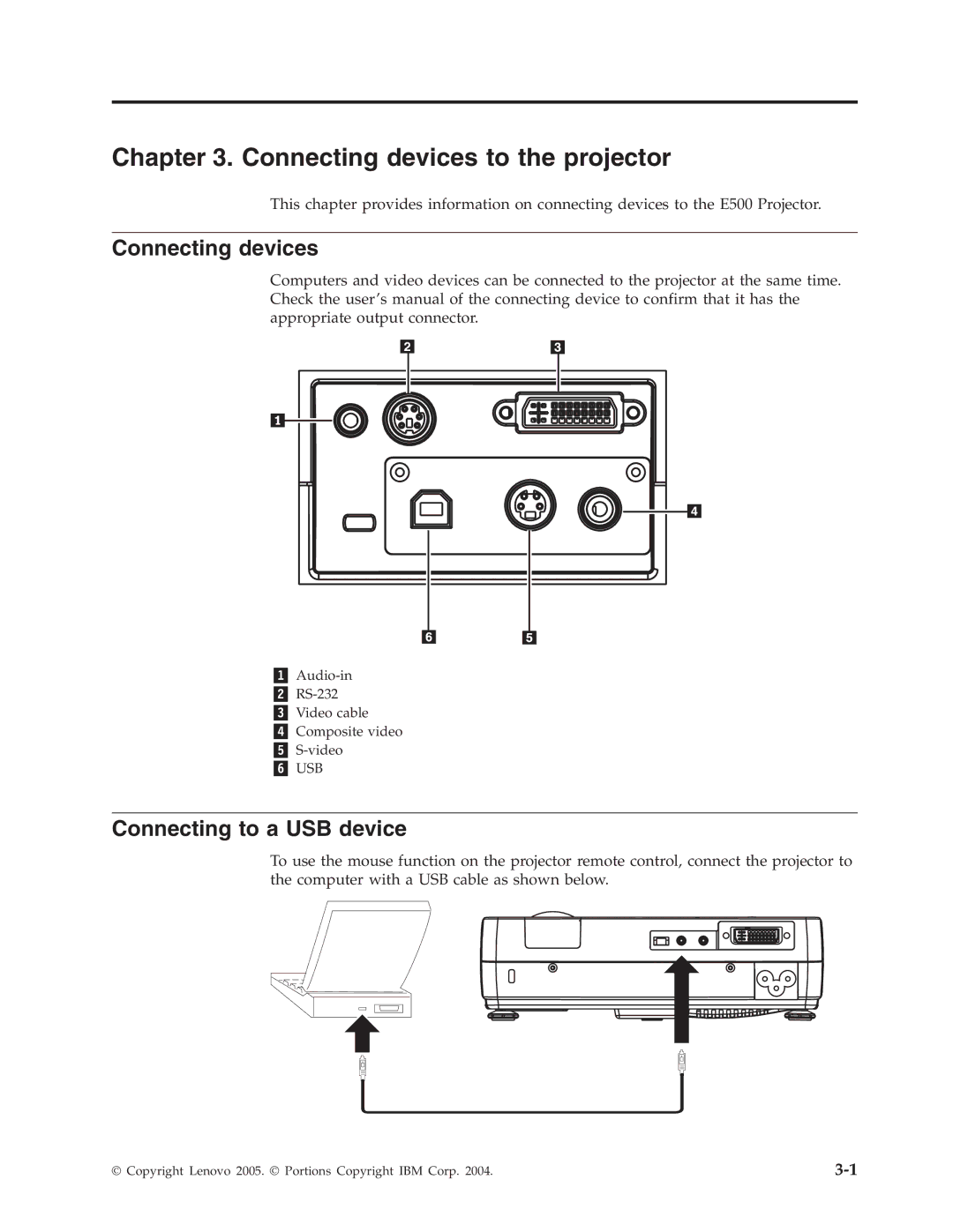 Lenovo E500 manual Connecting devices to the projector, Connecting to a USB device 