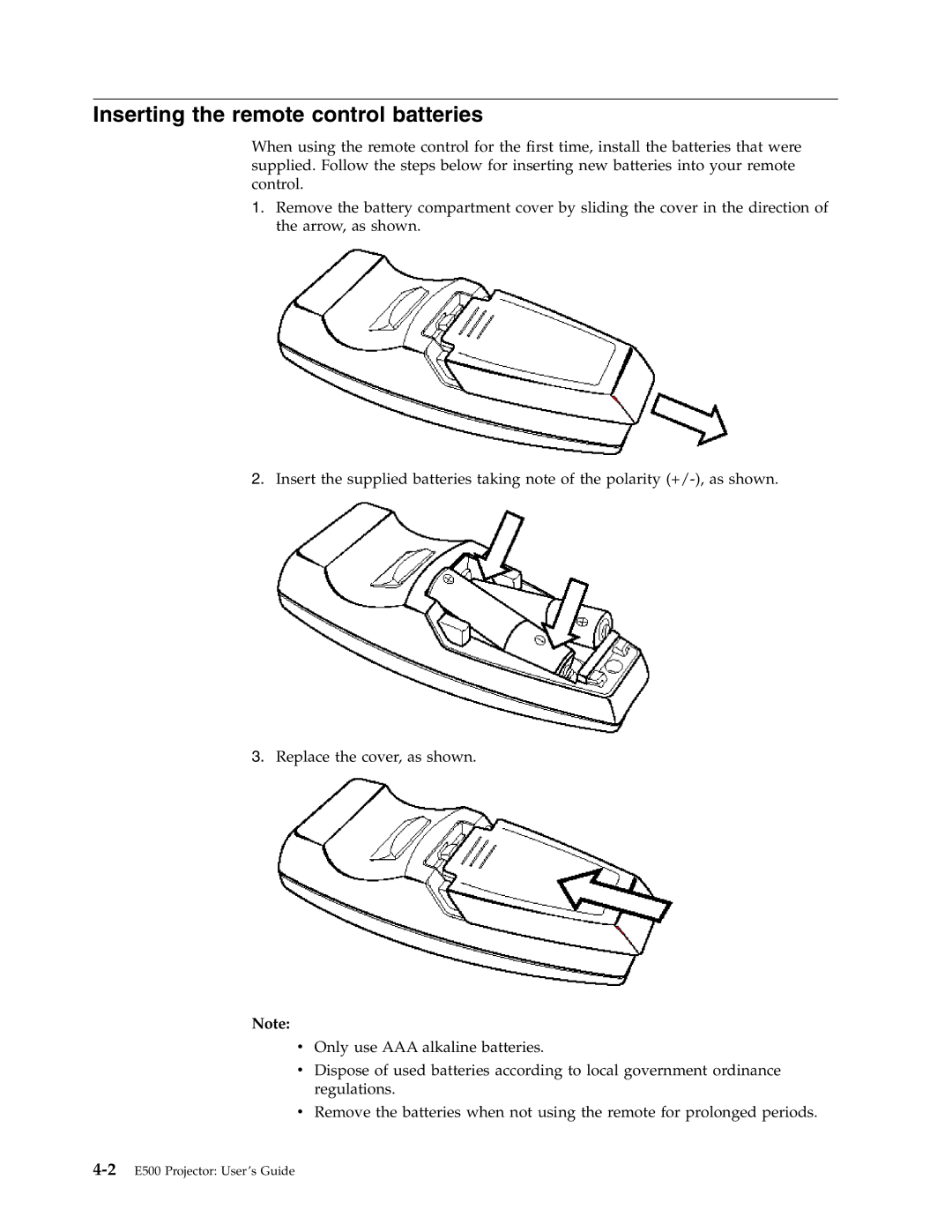 Lenovo E500 manual Inserting the remote control batteries 