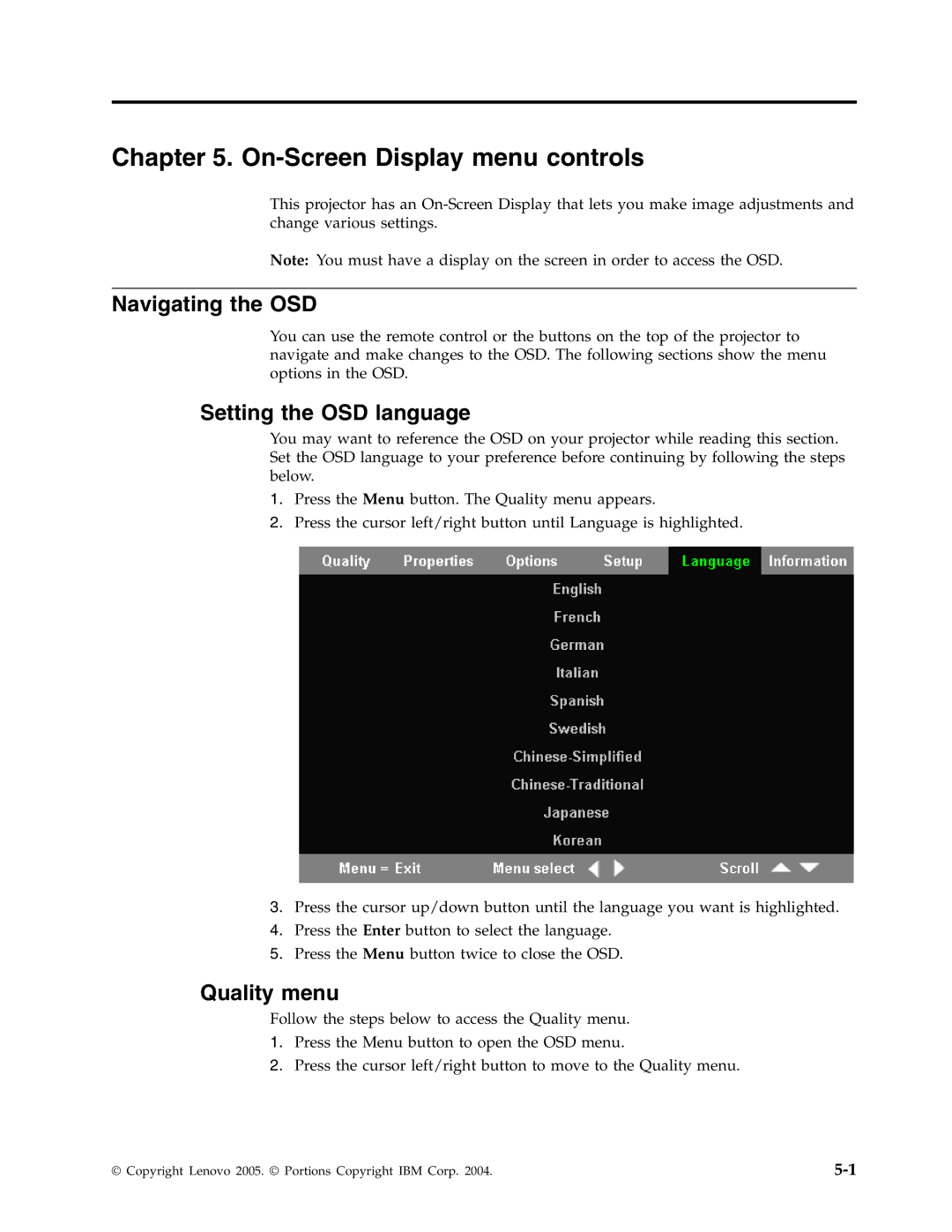 Lenovo E500 manual On-Screen Display menu controls, Navigating the OSD, Setting the OSD language, Quality menu 