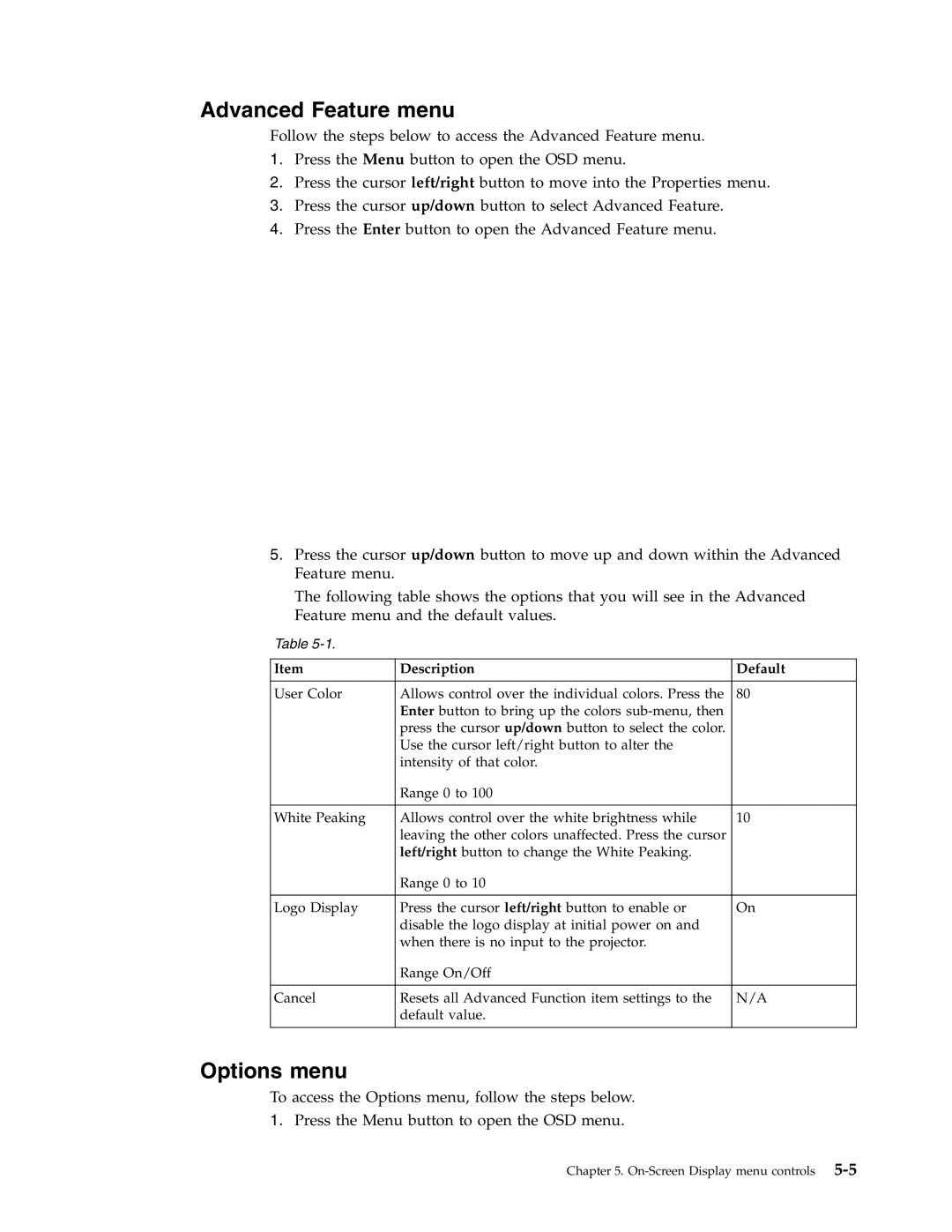 Lenovo E500 manual Advanced Feature menu, Options menu 