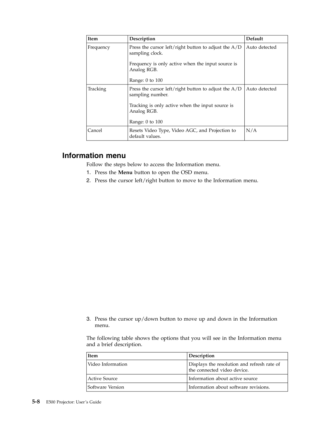 Lenovo E500 manual Information menu, Description 