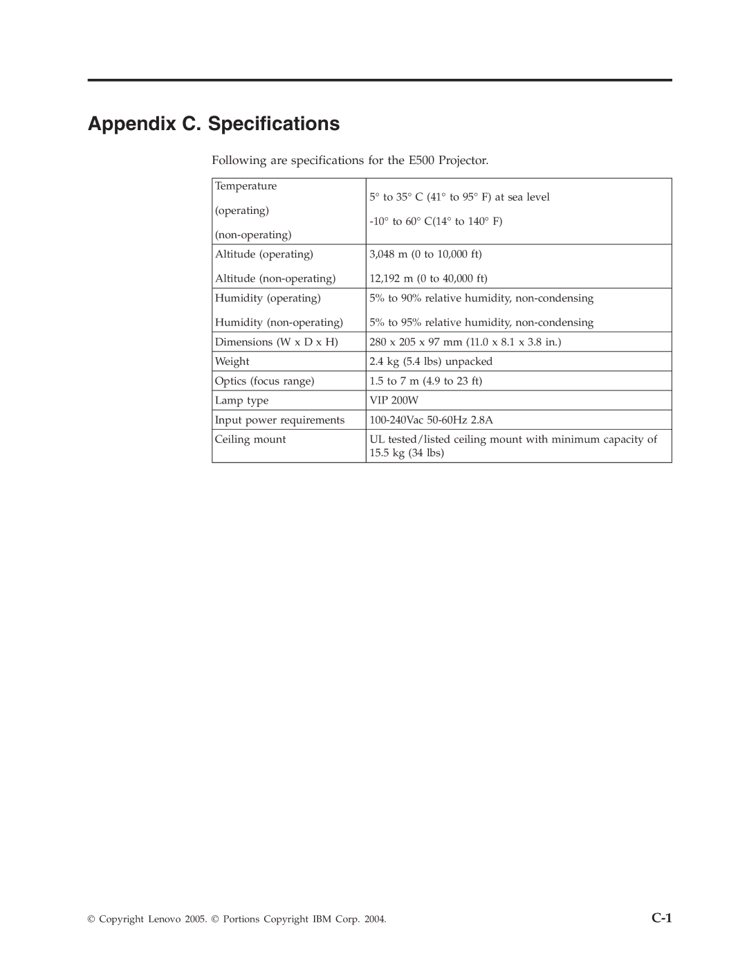 Lenovo manual Appendix C. Specifications, Following are specifications for the E500 Projector 