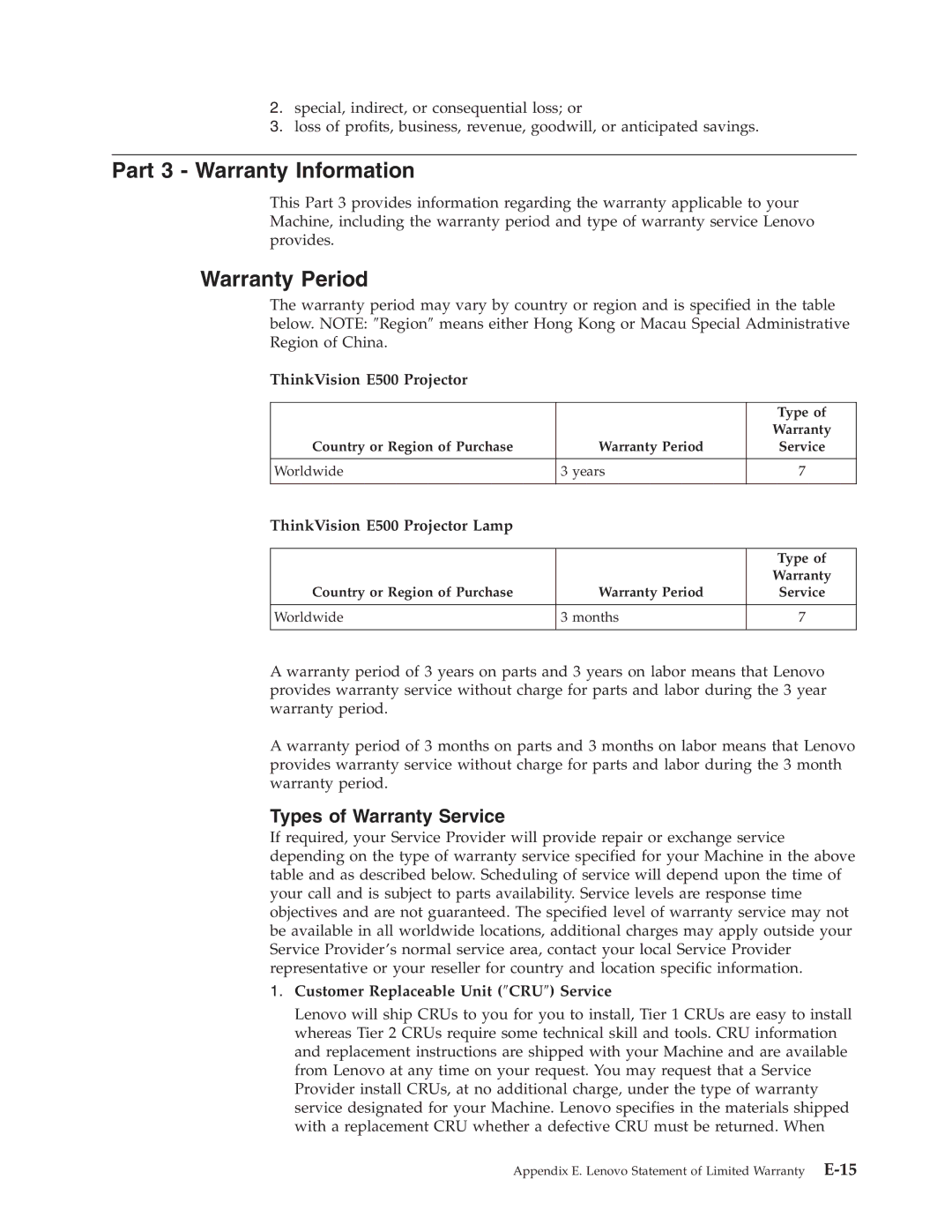 Lenovo manual Part 3 Warranty Information, Warranty Period, ThinkVision E500 Projector Lamp 