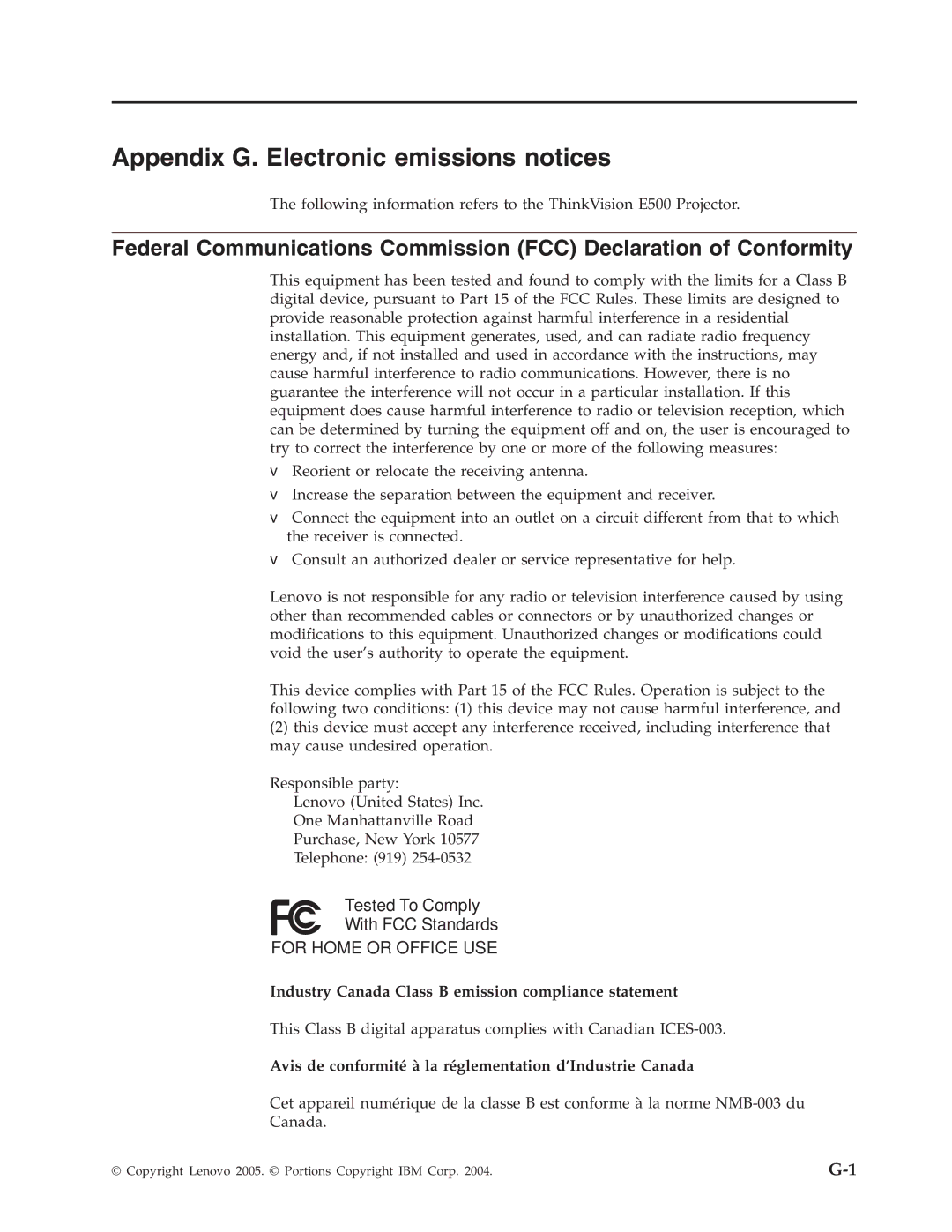 Lenovo E500 manual Appendix G. Electronic emissions notices, Industry Canada Class B emission compliance statement 