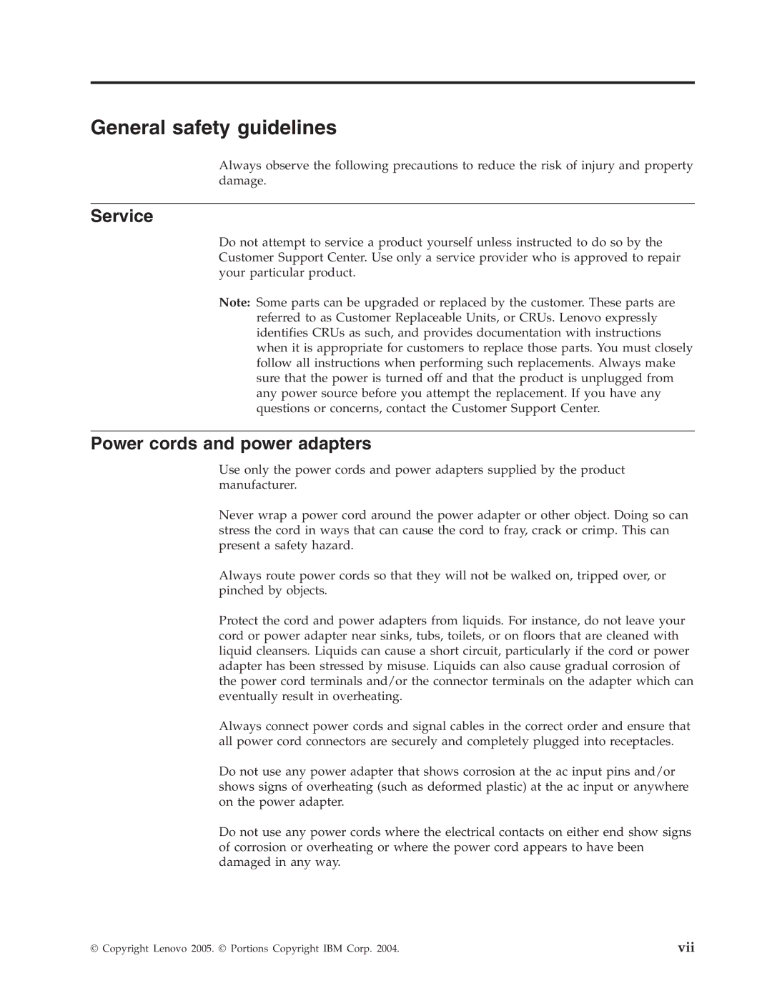 Lenovo E500 manual General safety guidelines, Service, Power cords and power adapters 