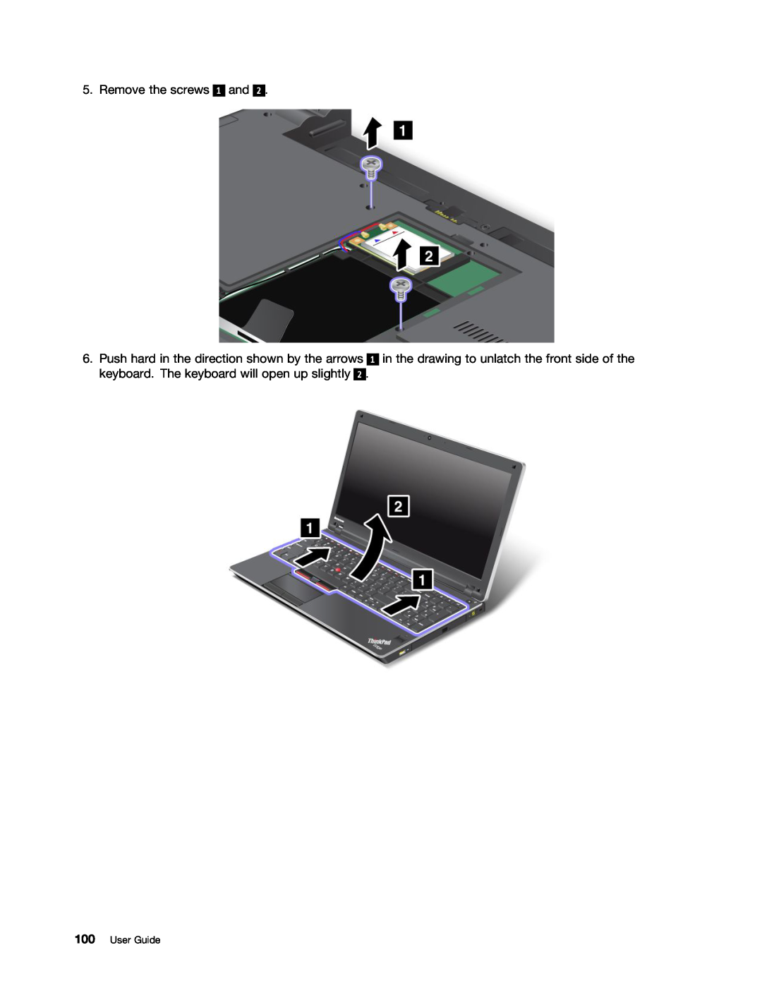 Lenovo E420, E520, 114155U manual Remove the screws 1 and, in the drawing to unlatch the front side of the, User Guide 