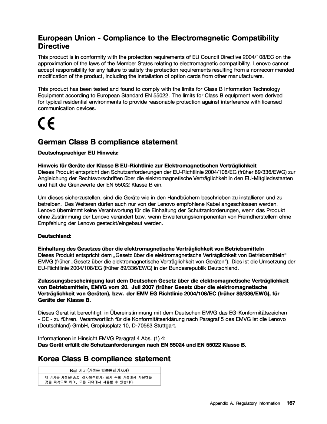 Lenovo 114155U, E520 German Class B compliance statement, Korea Class B compliance statement, Deutschsprachiger EU Hinweis 