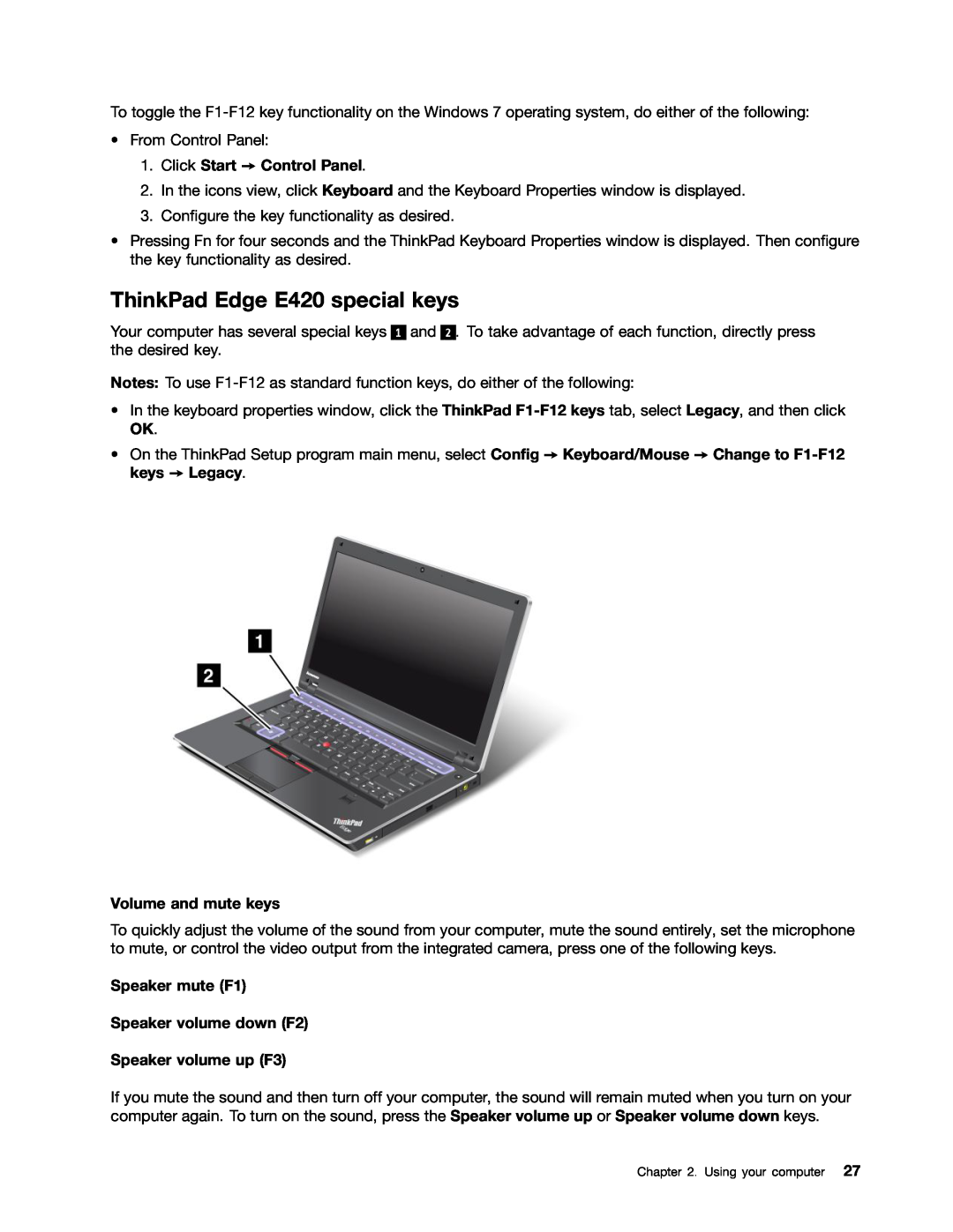 Lenovo E520, 114155U manual ThinkPad Edge E420 special keys, Click Start Control Panel, Volume and mute keys 