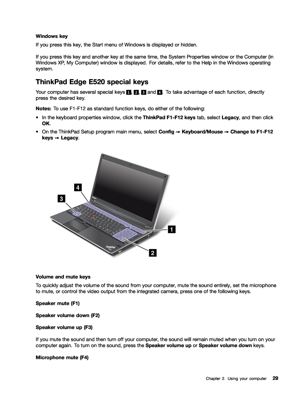 Lenovo 114155U, E420 manual ThinkPad Edge E520 special keys, Windows key, Volume and mute keys, Microphone mute F4 