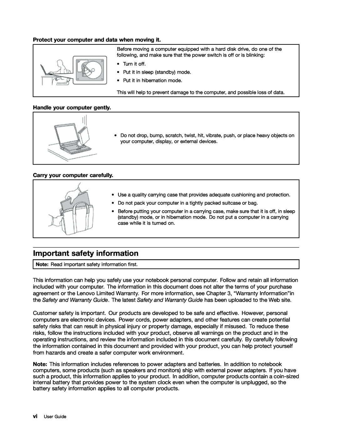 Lenovo 114155U Important safety information, Protect your computer and data when moving it, Handle your computer gently 