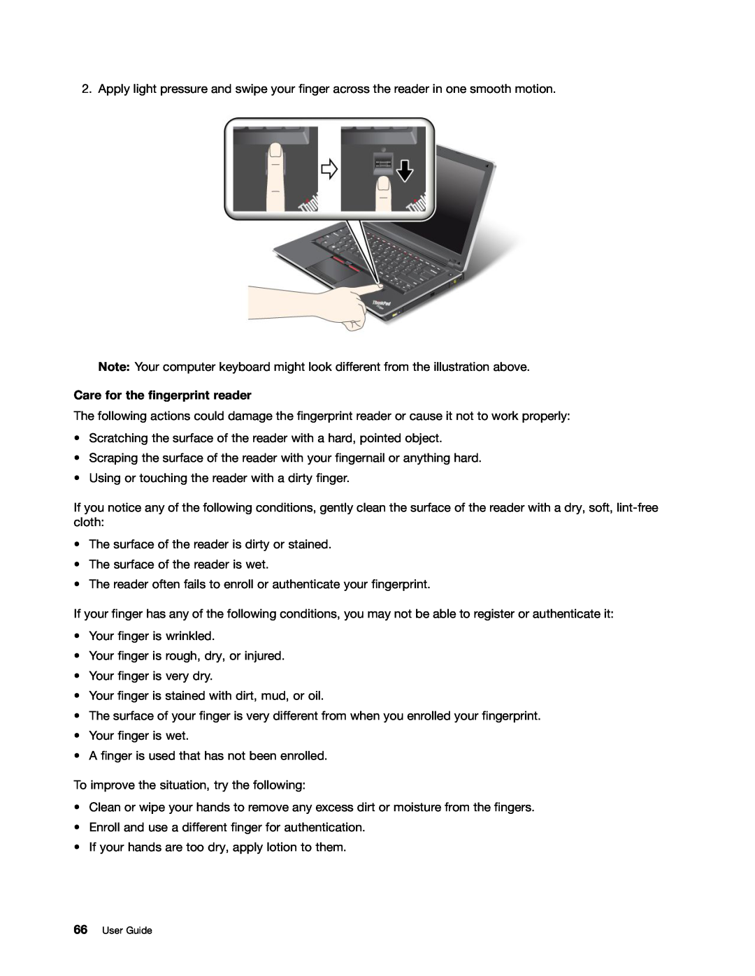 Lenovo E520, E420, 114155U manual Care for the fingerprint reader, User Guide 