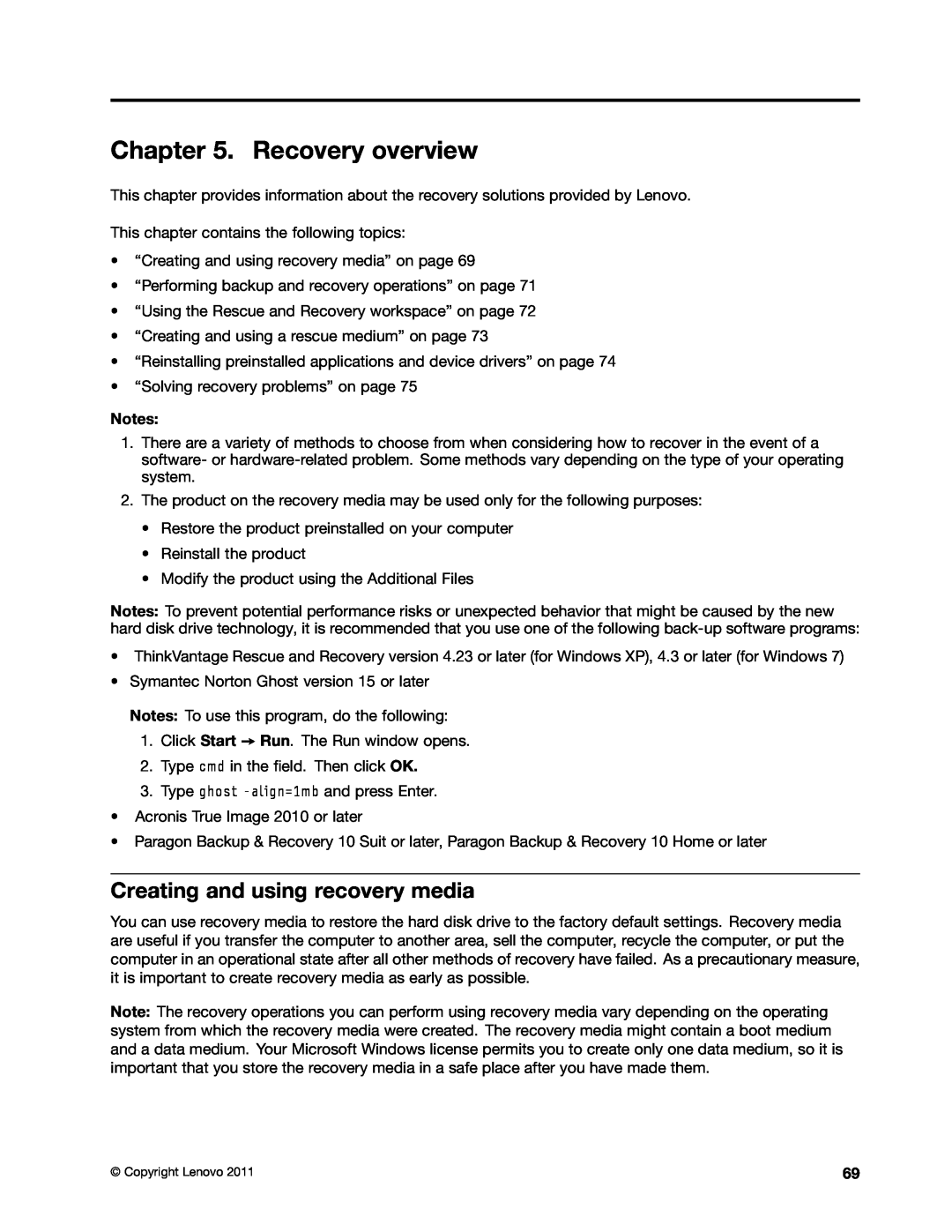 Lenovo E520, E420, 114155U manual Recovery overview, Creating and using recovery media 