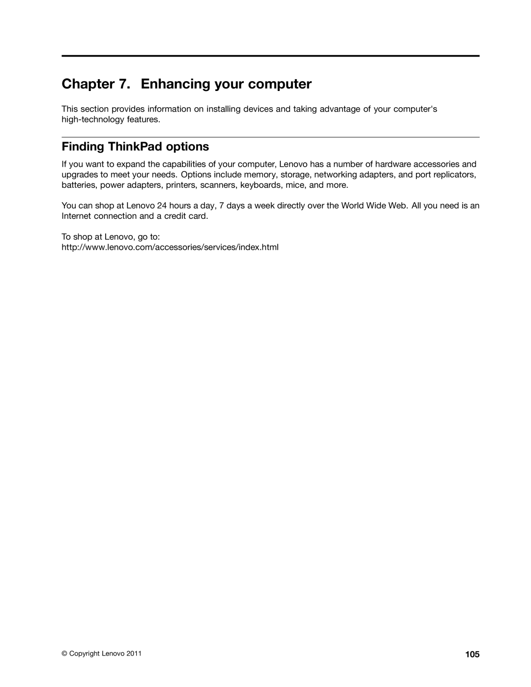 Lenovo E520, E420, 114155U manual Enhancing your computer, Finding ThinkPad options, 105 