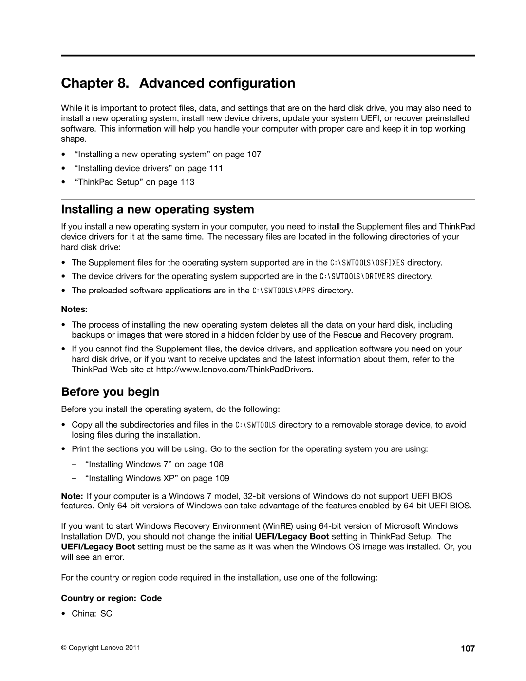 Lenovo 114155U Advanced configuration, Installing a new operating system, Before you begin, Country or region Code, 107 