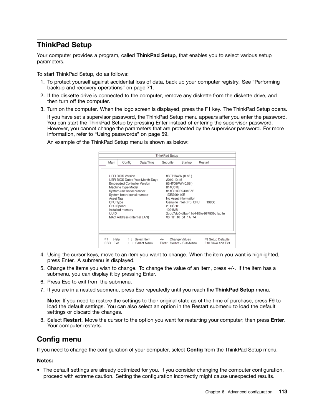 Lenovo 114155U, E520, E420 manual ThinkPad Setup, Config menu 