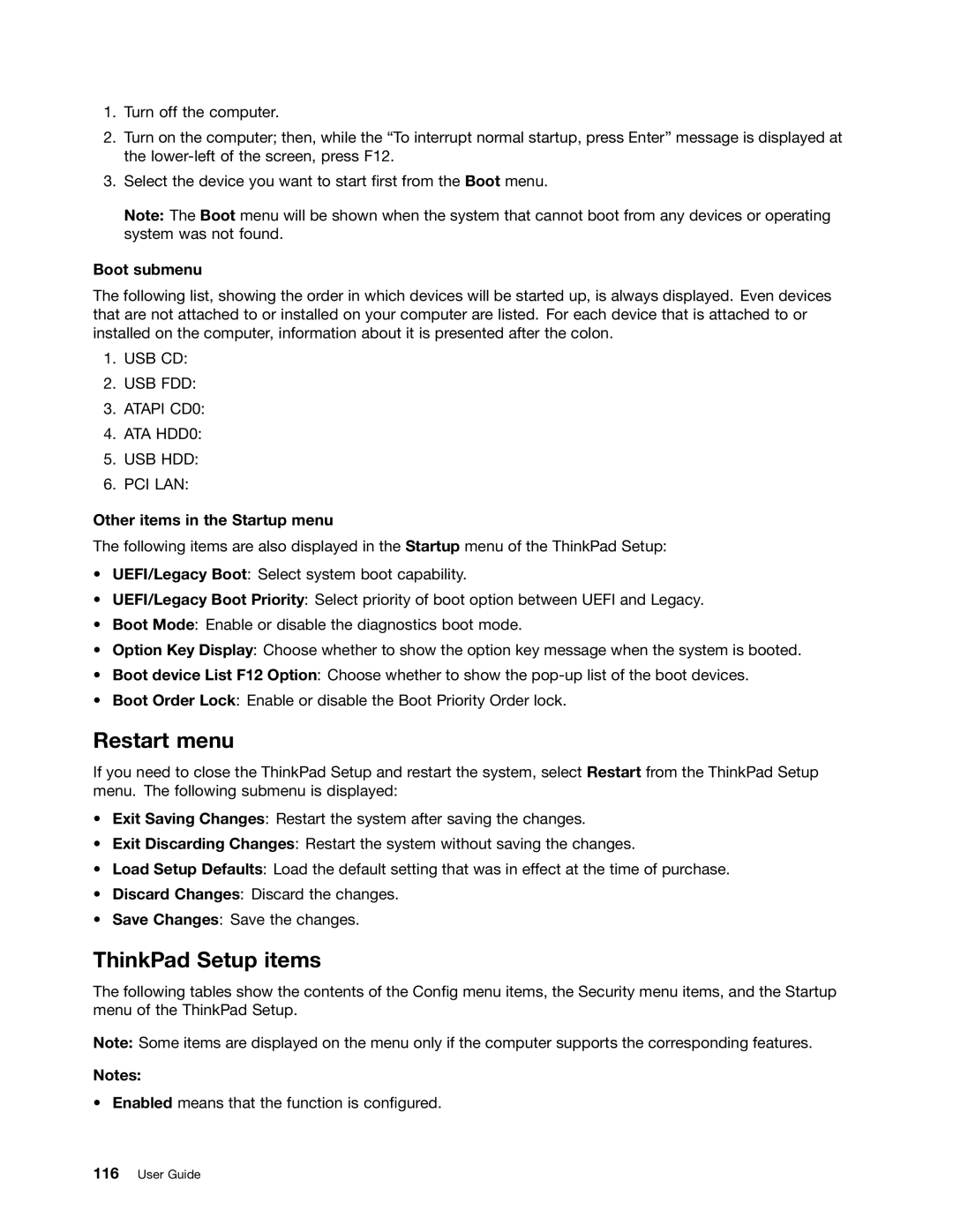 Lenovo 114155U, E520, E420 manual Restart menu, ThinkPad Setup items, Boot submenu, Other items in the Startup menu 