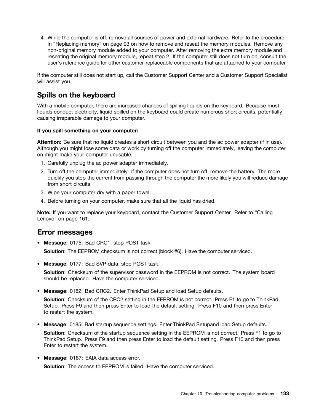 Lenovo E420, E520, 114155U manual Spills on the keyboard, Error messages, If you spill something on your computer 