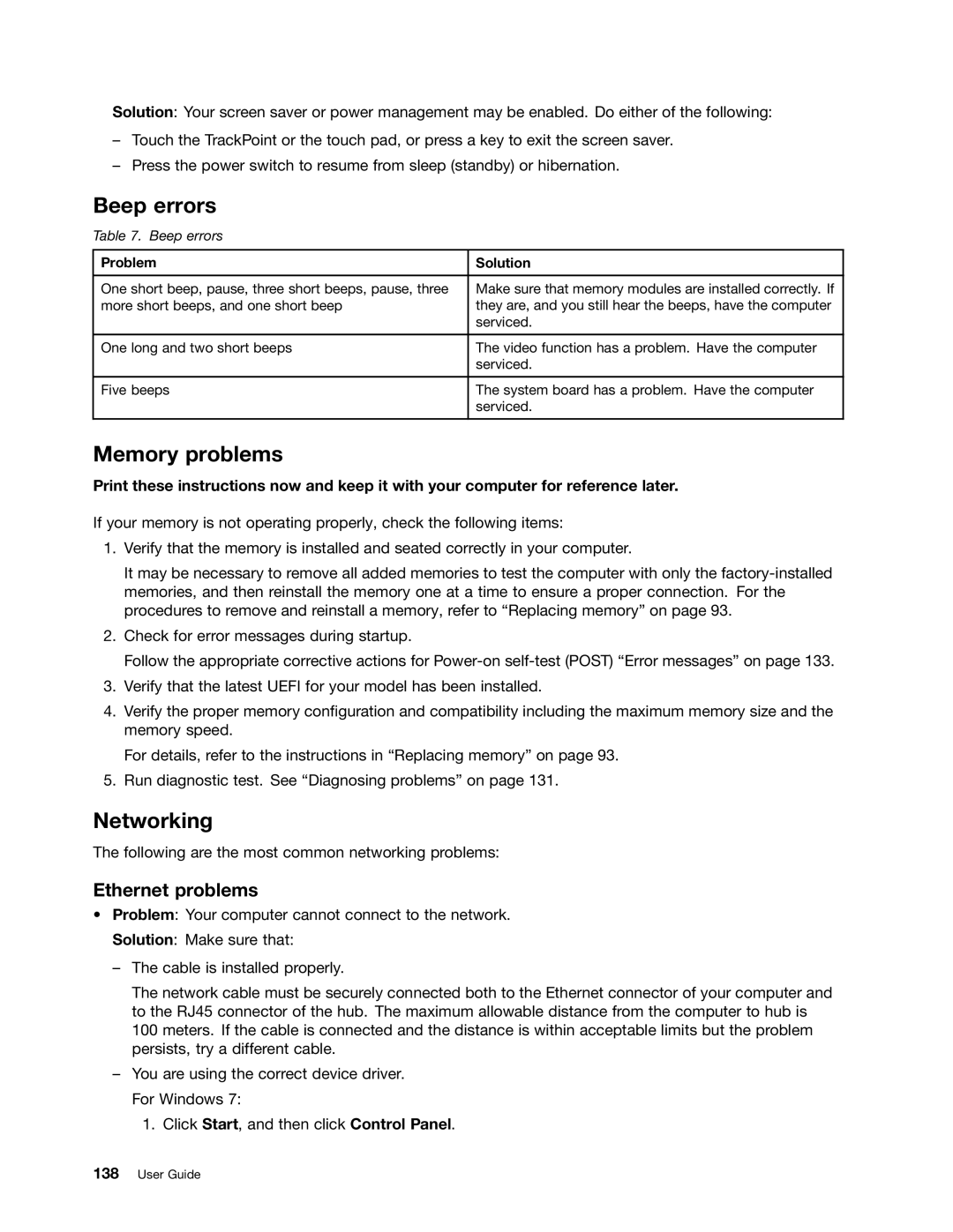 Lenovo E520, E420, 114155U manual Beep errors, Memory problems, Networking, Ethernet problems 