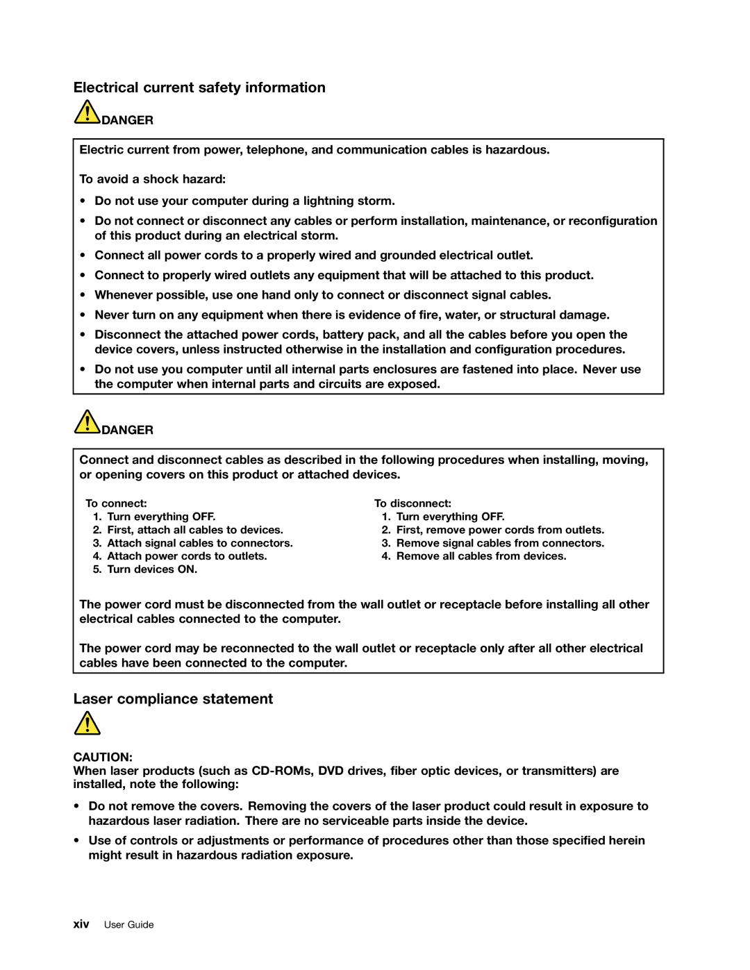 Lenovo E420, E520, 114155U manual Electrical current safety information, Laser compliance statement 