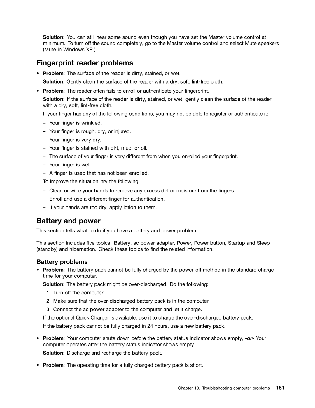 Lenovo E420, E520, 114155U manual Fingerprint reader problems, Battery and power, Battery problems 